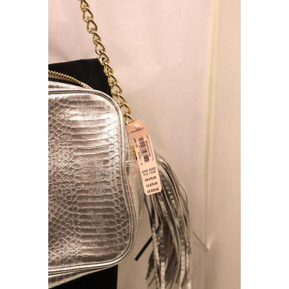 Victorias Secret Crossbody Purse Silver W/ Chain Strap Tassel + Black Tote Bag - Picture 2 of 9